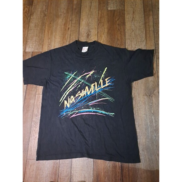 Single Stitch Nashville Shirt Mens L Black Neon Splattered Paint Tourist Tee - Picture 1 of 5